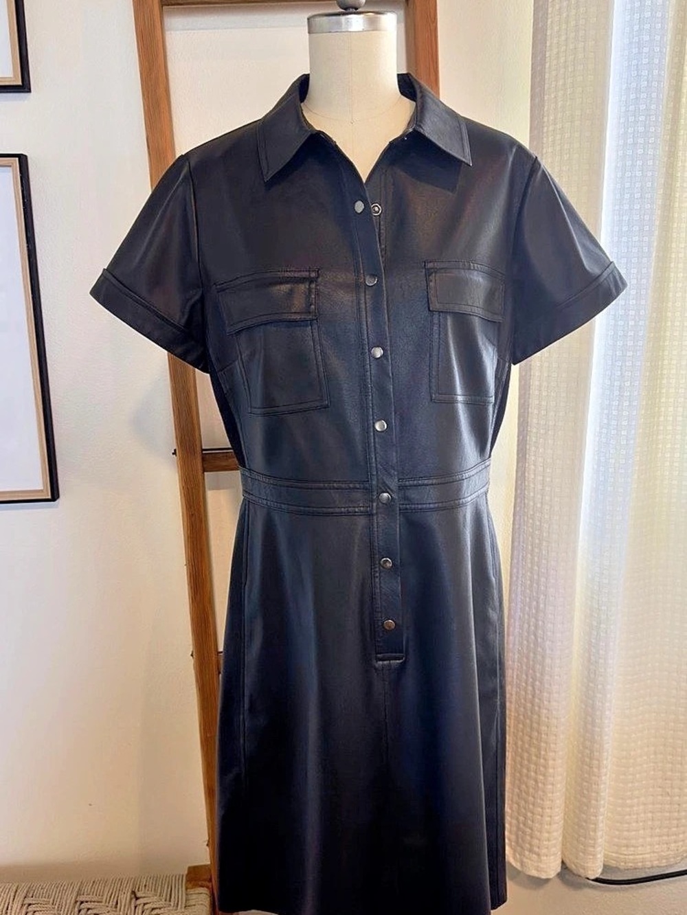 Black Faux Leather Midi Dress Like New